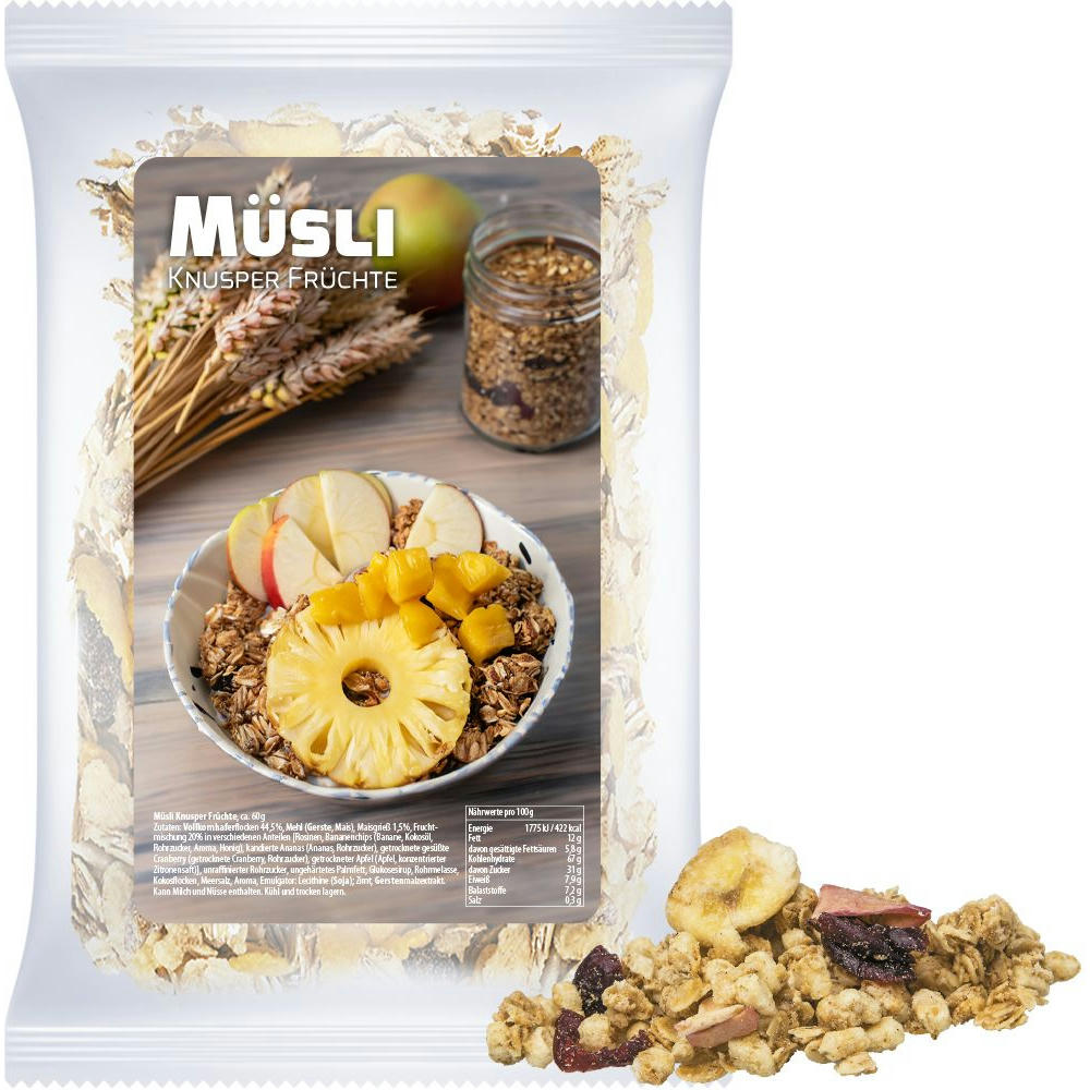 Product image Müsli Knusper Früchte, ca. 60g, Express Maxi-Tüte mit Etikett Werbeartikel