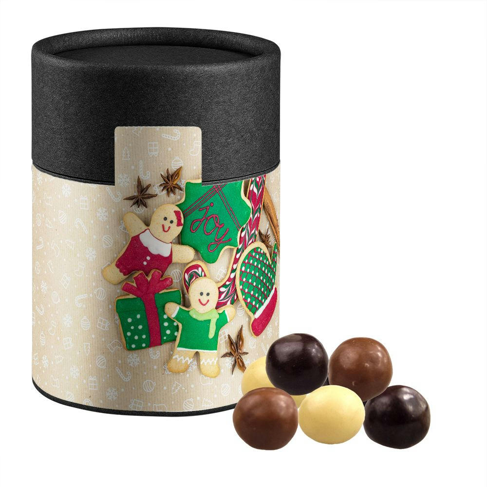 Product image Knusperkugeln-Mix, ca. 50g, Kraftpapierdose Midi schwarz Werbeartikel