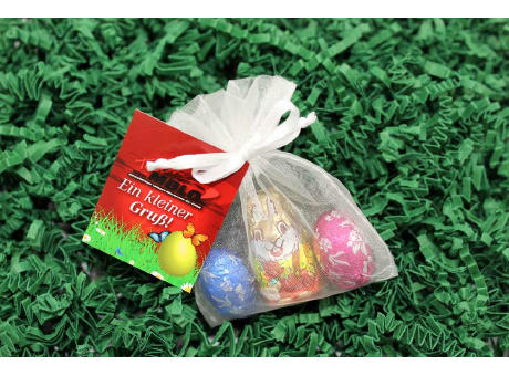 Organzasäckchen "Bunte Ostern", mit Grußkarte Werbeartikel