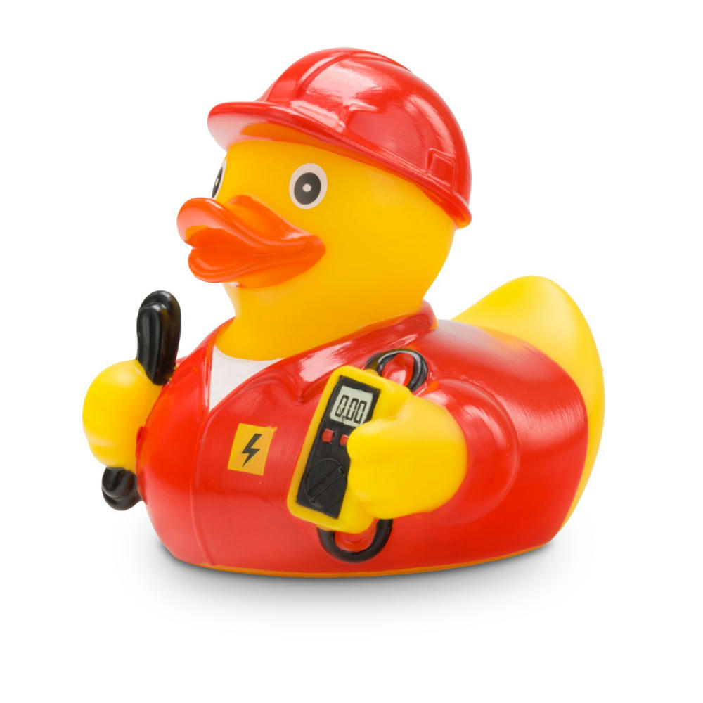 Product image Werbeente Erik Elektriker mit rotem Kittel Werbeartikel