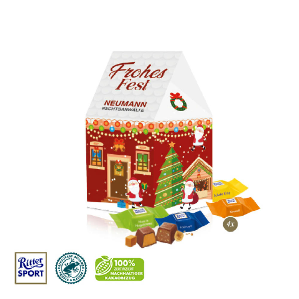 3D Präsent "Haus" mit Ritter SPORT Schokowürfel Werbeartikel