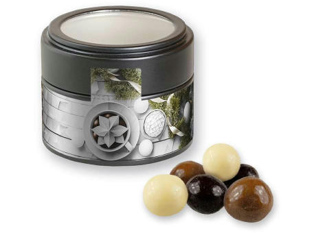 Product image Knusperkugeln-Mix, ca. 45g, Metalldose Mini mit Sichtfenster schwarz bedrucken