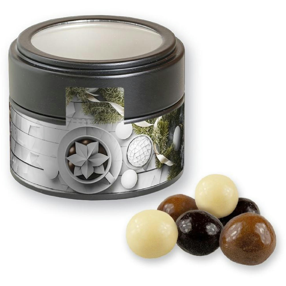 Product image Knusperkugeln-Mix, ca. 45g, Metalldose Mini mit Sichtfenster schwarz Werbeartikel