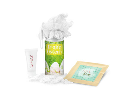 Product image Geschenkset / Präsenteset: SPA Dose Ostern, das Nest in der Dose - Etikett Frohe Ostern - EierWiese Werbeartikel