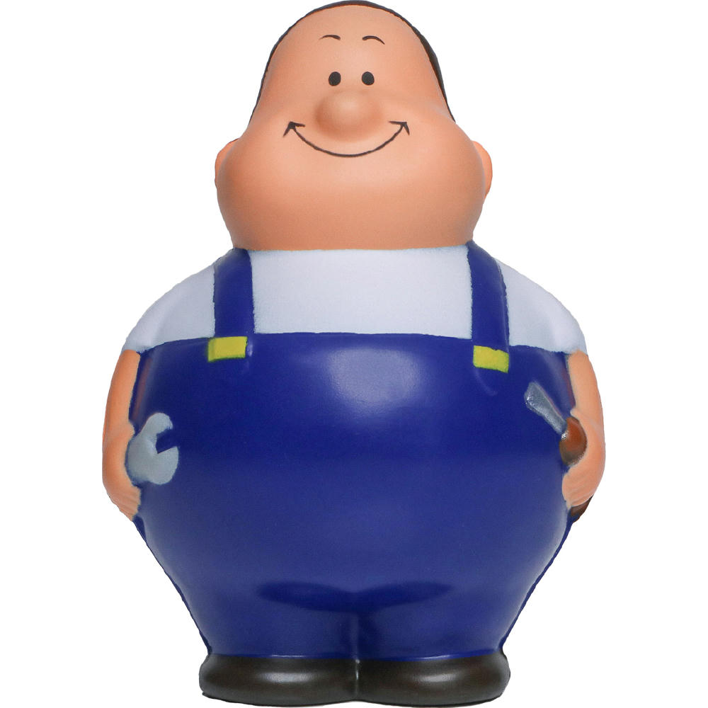Product image Schrauber Bert in blauer Latzhose mit Schraubenschlüssel und Schraubendreher – Anti-Stress-Figur mit Logo für Werkstätten