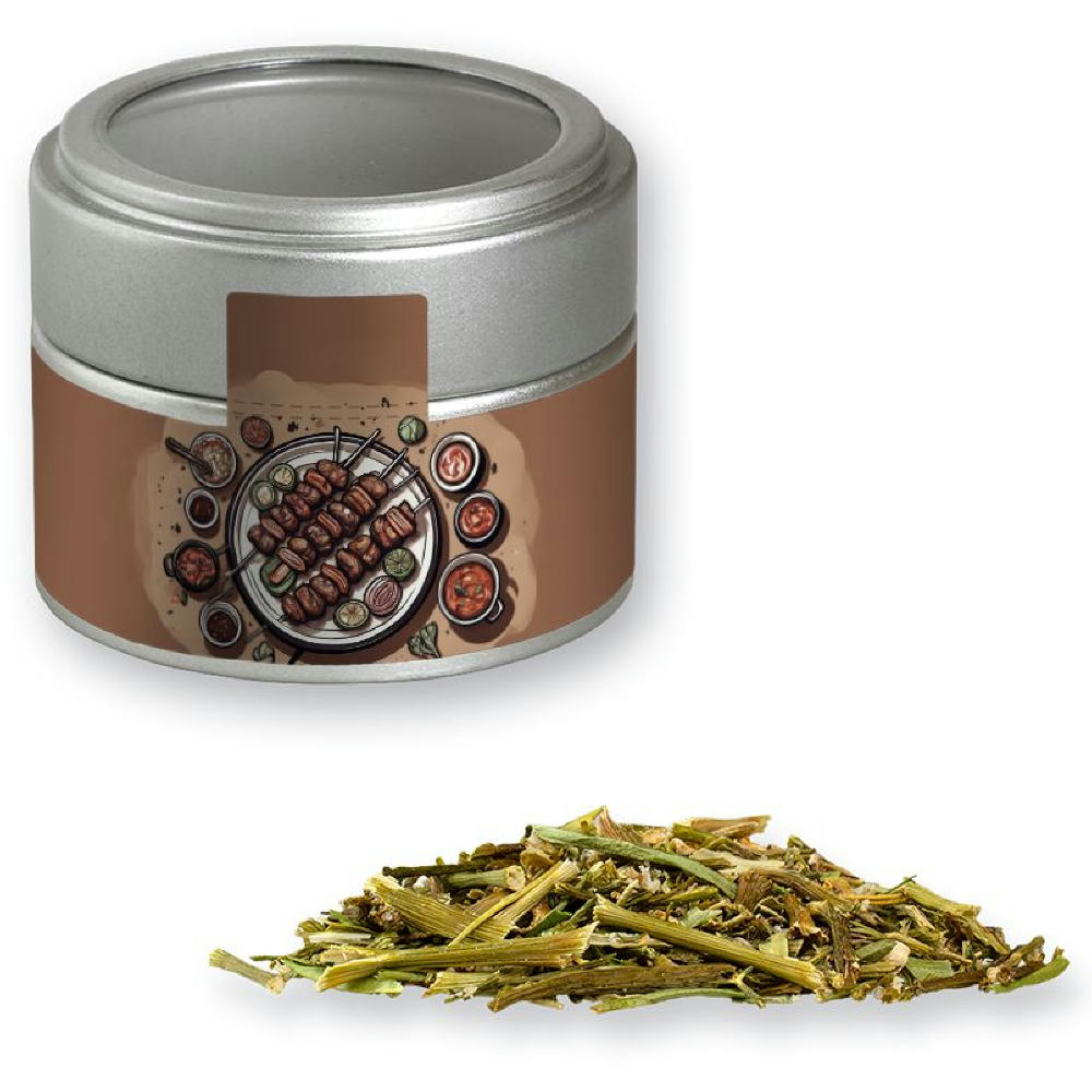 Gewürzmischung BBQ Kräuter Rub, ca. 40g, Metalldose Mini mit Sichtfenster silber Werbeartikel