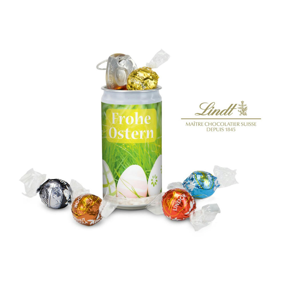 Product image Geschenkartikel / Präsentartikel: Lindt-Geheimnis Ostern, das Nest in der Dose - Etikett Frohe Ostern - EierWiese Werbeartikel