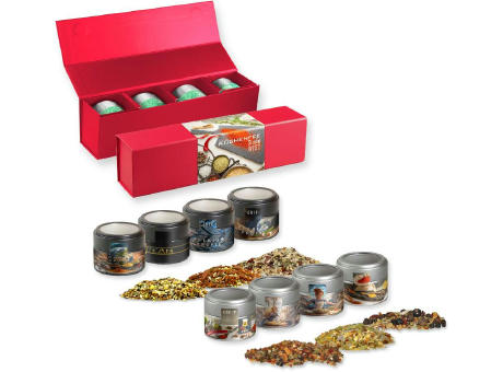 Product image Verschiedene Weihnachts Gewürzmischungen, ca. 120-140g, Geschenk-Set Premium rot mit Magnetverschluss und 4 Metalldosen Mini mit Sichtfenste Werbeartikel