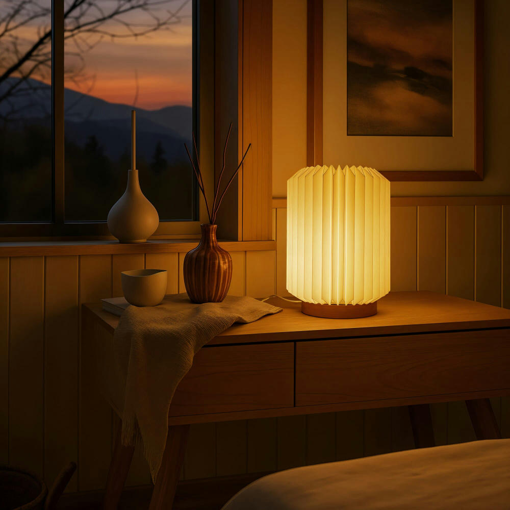 Coollux faltbare Papier LED-Lampe Aurora auf Holzsockel, 22cm Werbeartikel