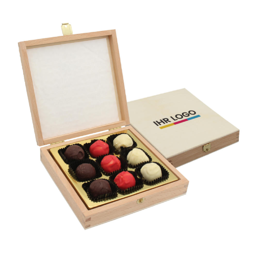 Pralinenbox Holz 9er bedruckter Deckel Werbeartikel