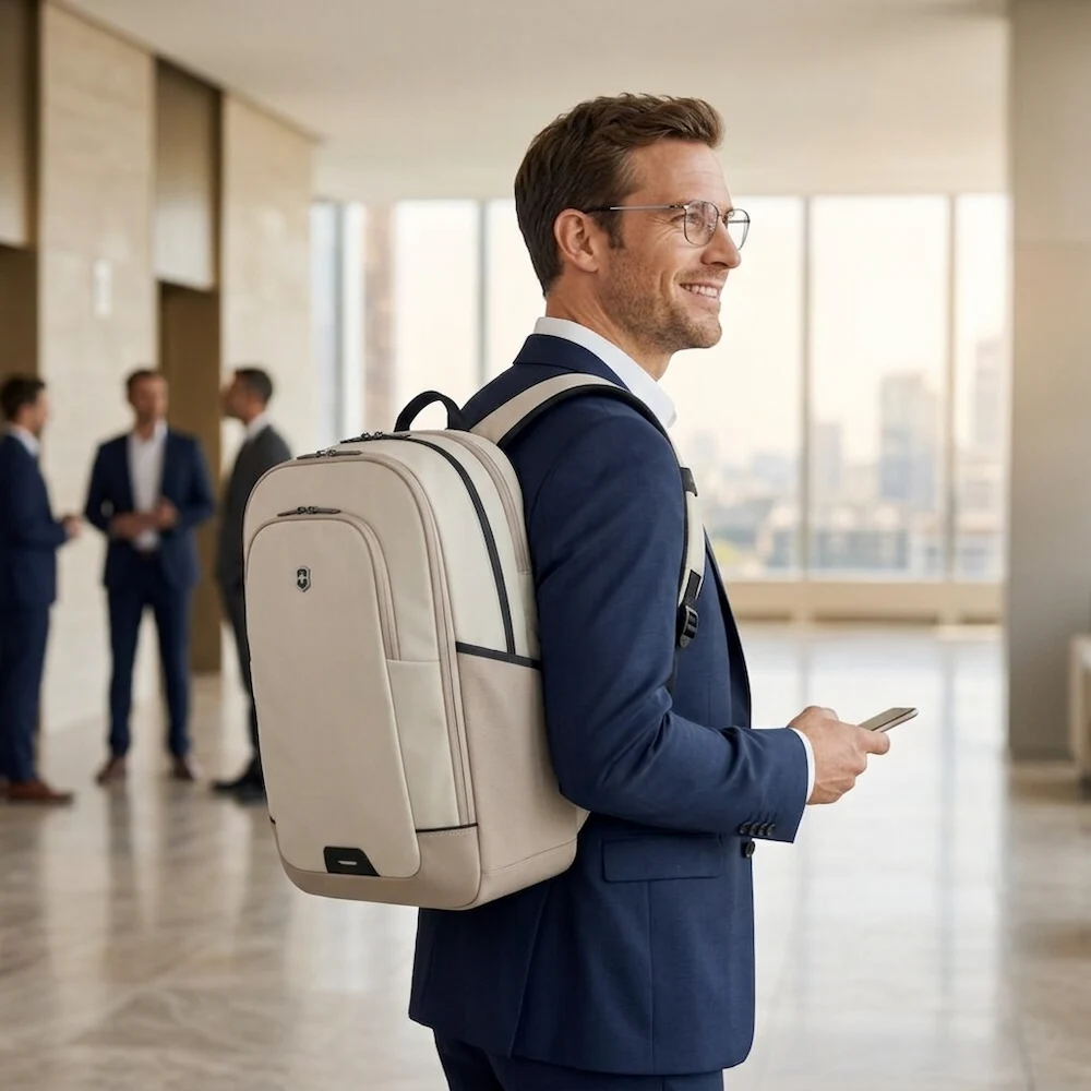 Victorinox Altmont Deluxe Backpack im Einsatz, geschäftlicher Mann trägt den Rucksack auf dem Rücken, eleganter Business-Rucksack als hochwertiger Werbeartikel mit Logo, ideal für Büro, Reisen und professionellen Alltag.