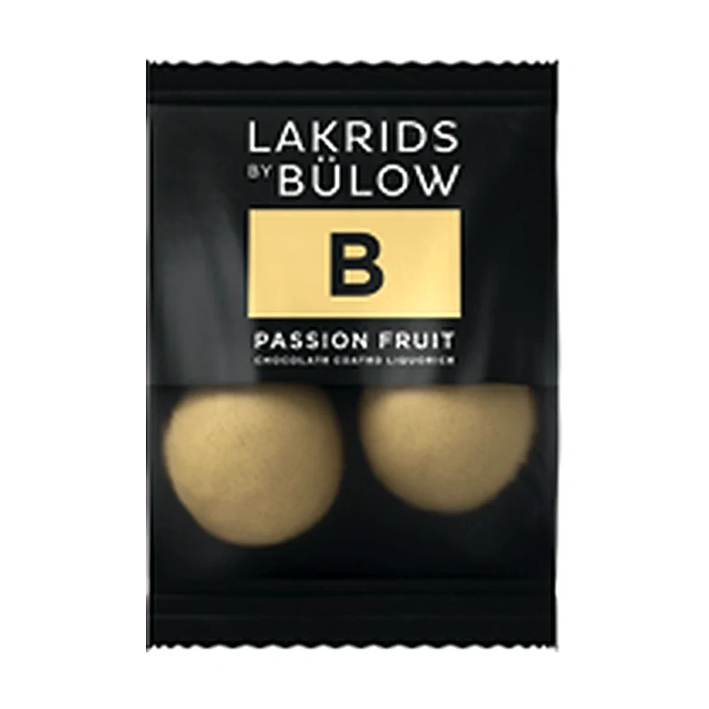 Lakrids by Bülow Mini B Passion Fruit im schwarzen Einzeltütchen mit zwei Kugeln – süßes Messe-Give-away