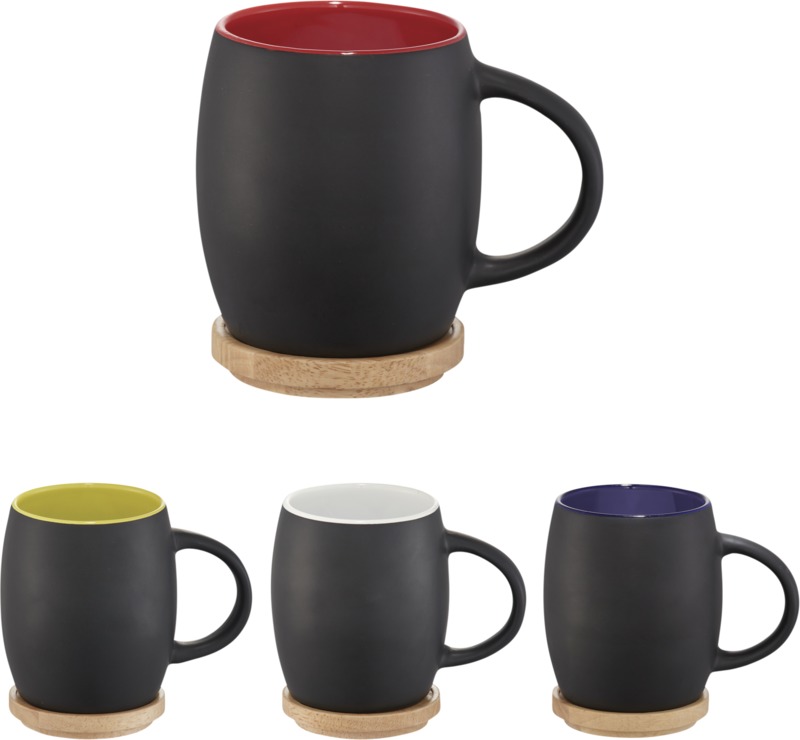 Hearth 400 ml Keramiktasse mit Holzuntersetzer in 4 Farben – Werbetasse bedrucken mit Logo, Premium Werbeartikel Set