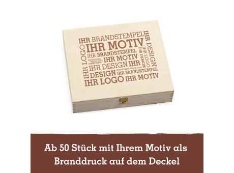 Selektion von 3 Snacks in der Birkenholzbox bedrucken