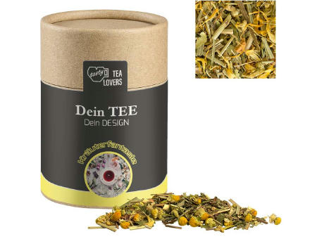 Kräutertee Kräuterfantasie, ca. 25g, Kraftpapierdose Midi Werbeartikel