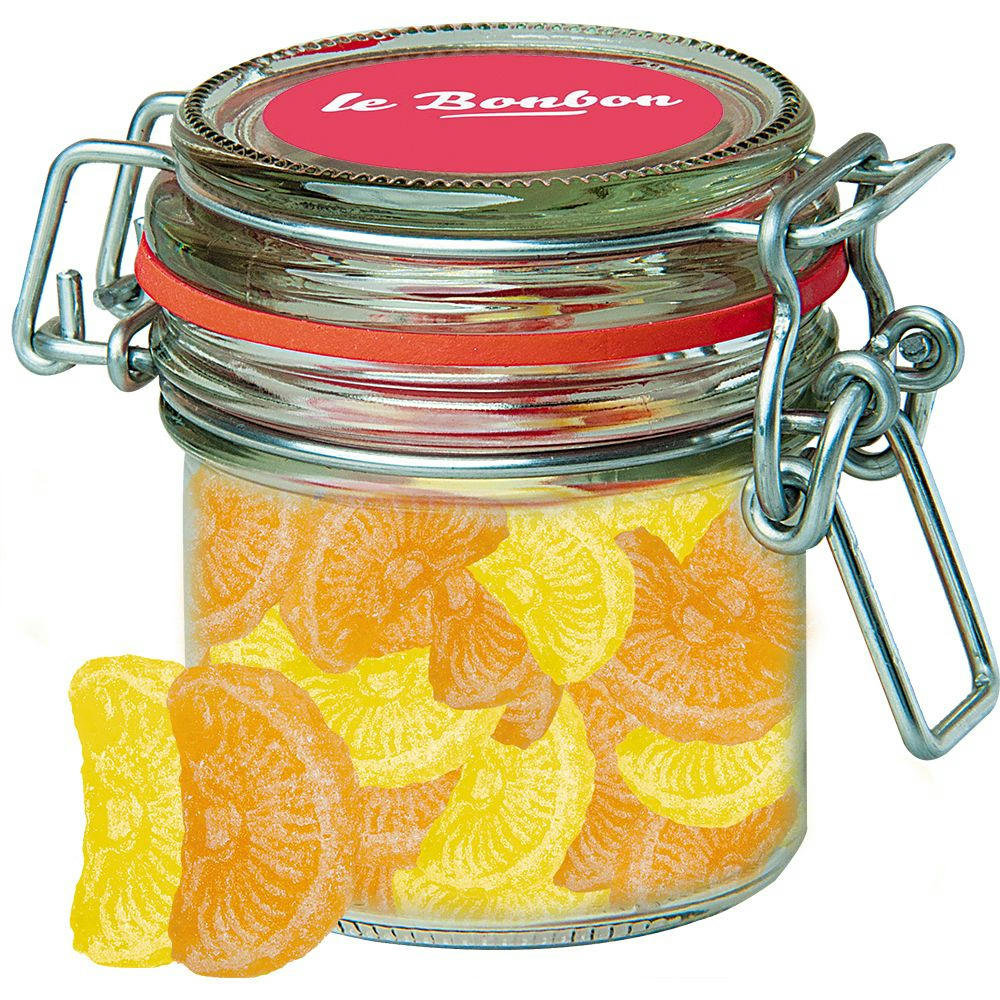 Zitrone und Orangen Bonbons, ca. 60g, Bonbonglas Mini Werbeartikel