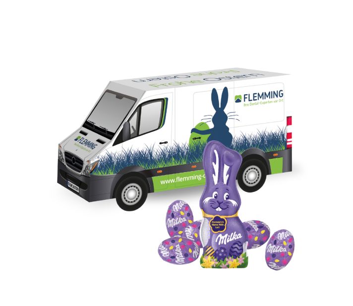 3D Präsent "Transporter" Ostern mit Milka Schokoladenmischung 3D Präsent "Transporter" Ostern mit Milka Schokoladenmischung