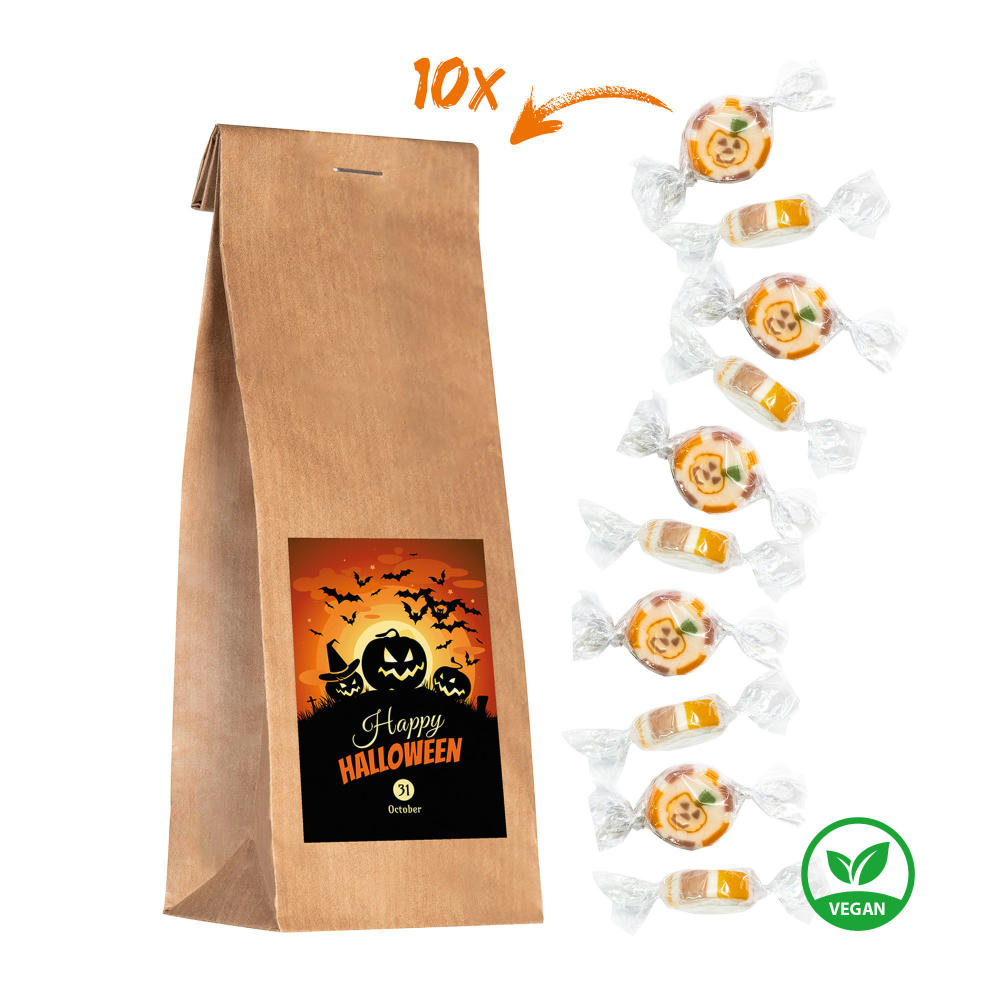 Product image Halloween Paper Bag Tüte aus Papier gefüllt mit veganen Kürbis-Bonbons und bedrucktem Aufkleber mit Firmenlogo