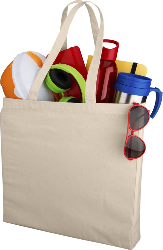 Odessa Baumwolltasche in Naturfarbe gefüllt mit Giveaways – nachhaltiger Werbeartikel aus Baumwolle, ideal als Promotiontasche
