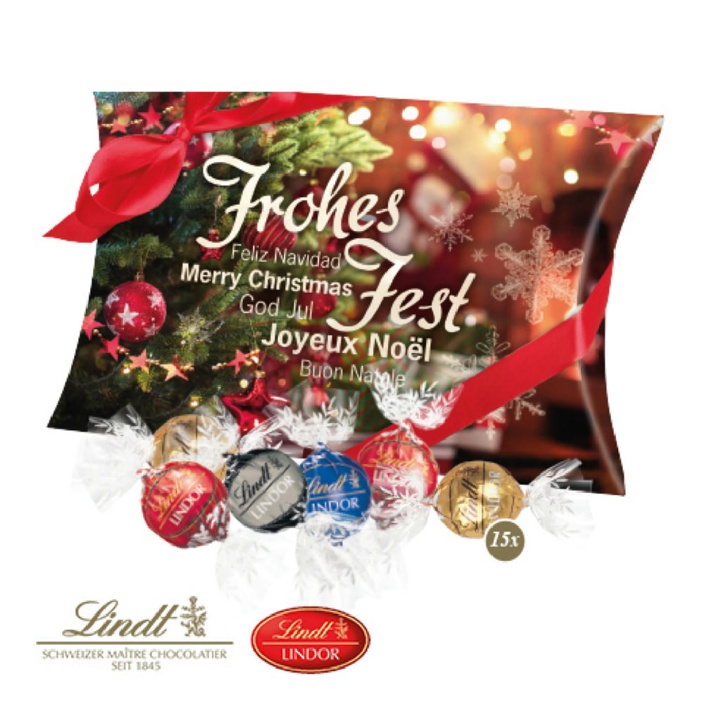 Lindt Lindor Pralinés Geschenkpackung Exklusive Momente Kissenverpackung gefüllt mit 15 Lindt Lindor Kugeln in individuell bedruckbarer FSC® Kartonage als exklusives B2B Weihnachtsgeschenk