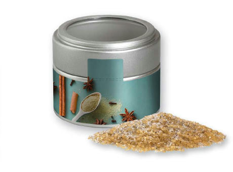 Vanillezucker, ca. 85g, Metalldose Mini mit Sichtfenster silber bedrucken