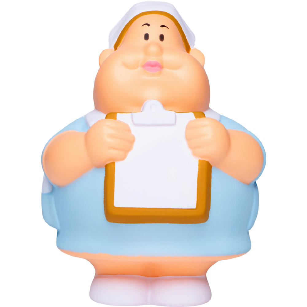 Product image Schwester Berta mit Haube, hellblauem Kleid und Klemmbrett – Anti-Stress-Figur zum Bedrucken für die Pflege