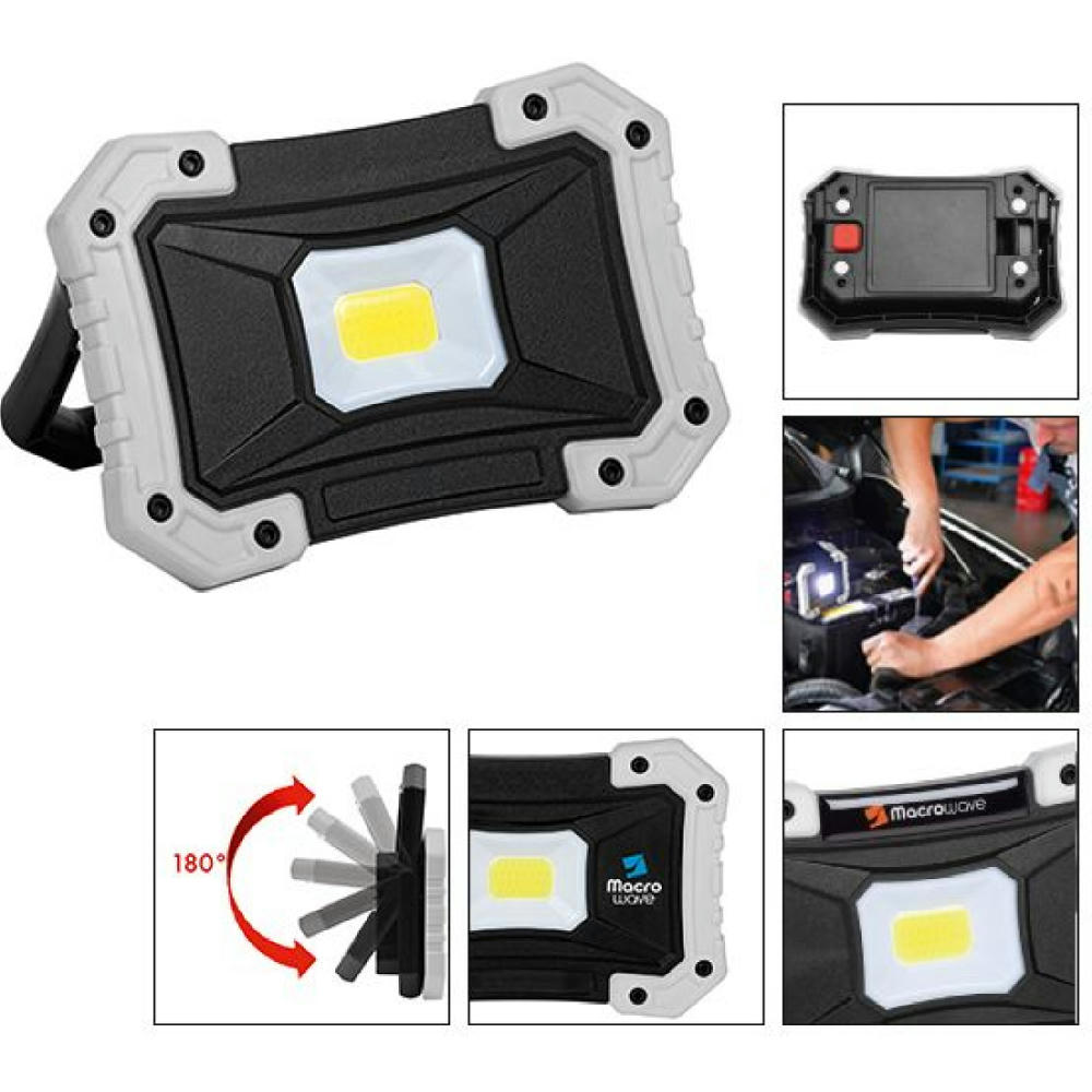 LED Arbeitsleuchte Workshop 500 L mit Standbügel, im Einsatz am Motorraum – Baustrahler mit Logo