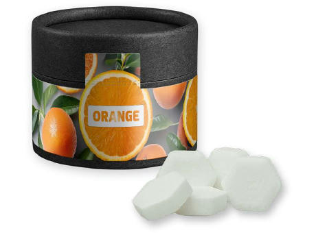 Product image Traubenzucker Orange Drops, ca. 40g, Kraftpapierdose Mini schwarz Werbeartikel