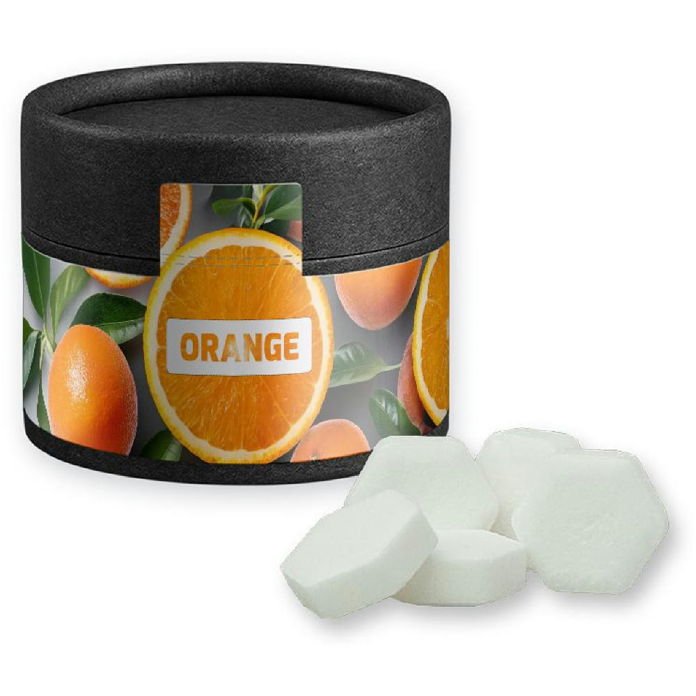 Product image Traubenzucker Orange Drops, ca. 40g, Kraftpapierdose Mini schwarz Werbeartikel