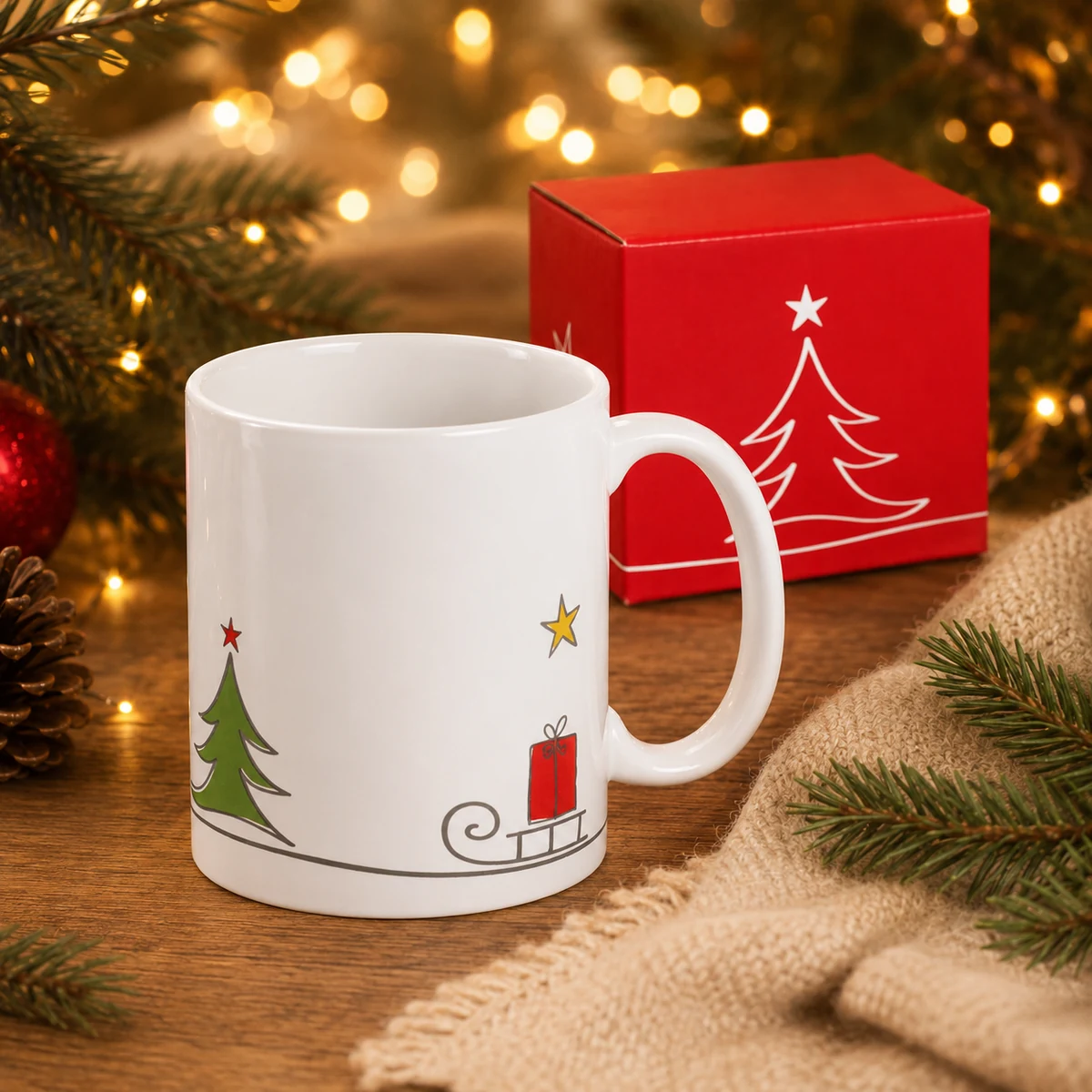 Weiße Keramiktasse mit Weihnachtsbaum, Schlitten und Geschenkbox als saisonaler Werbeartikel