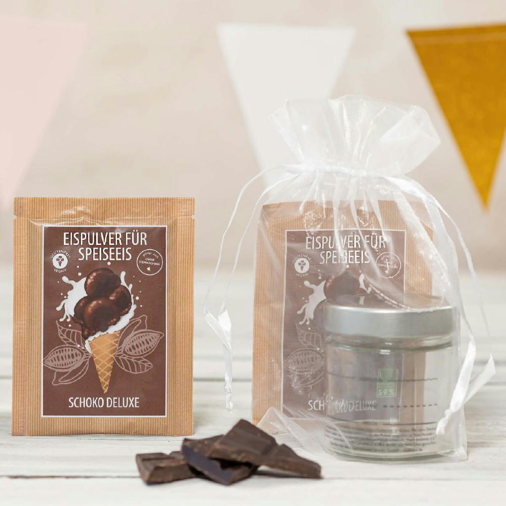 Product image Eismixglas und Portionsbeutel Eispulver im Geschenksäckchen Werbeartikel