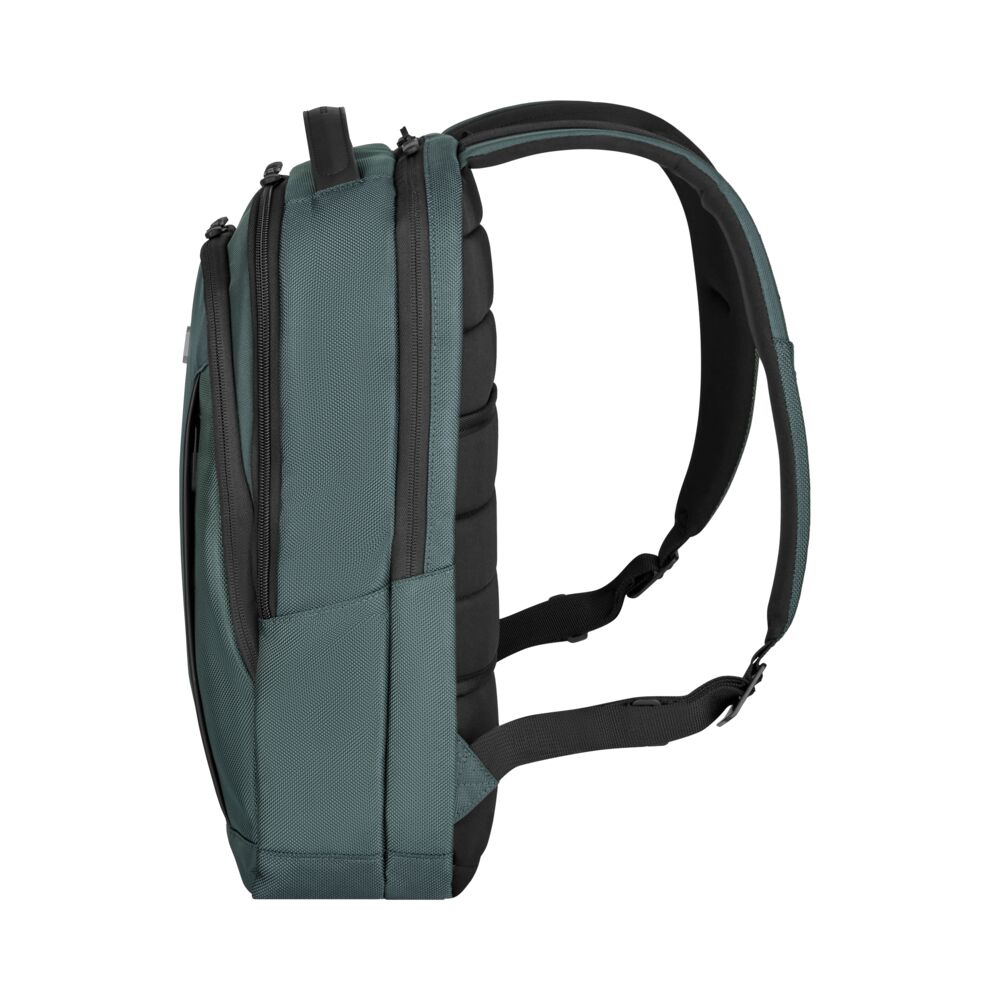 Victorinox Altmont Compact Laptop Backpack Seitenansicht, ergonomischer kompakter Rucksack mit funktionalen Seitentaschen und schlankem Profil, perfekter Werbeartikel mit Ihrem Logo für Büro, Reisen und täglichen Gebrauch.