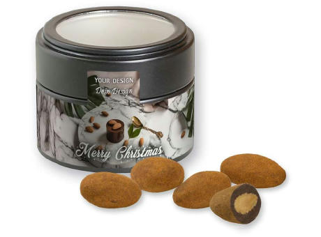 Product image Schokomandeln mit Zimt, ca. 60g, Metalldose Mini mit Sichtfenster schwarz bedrucken