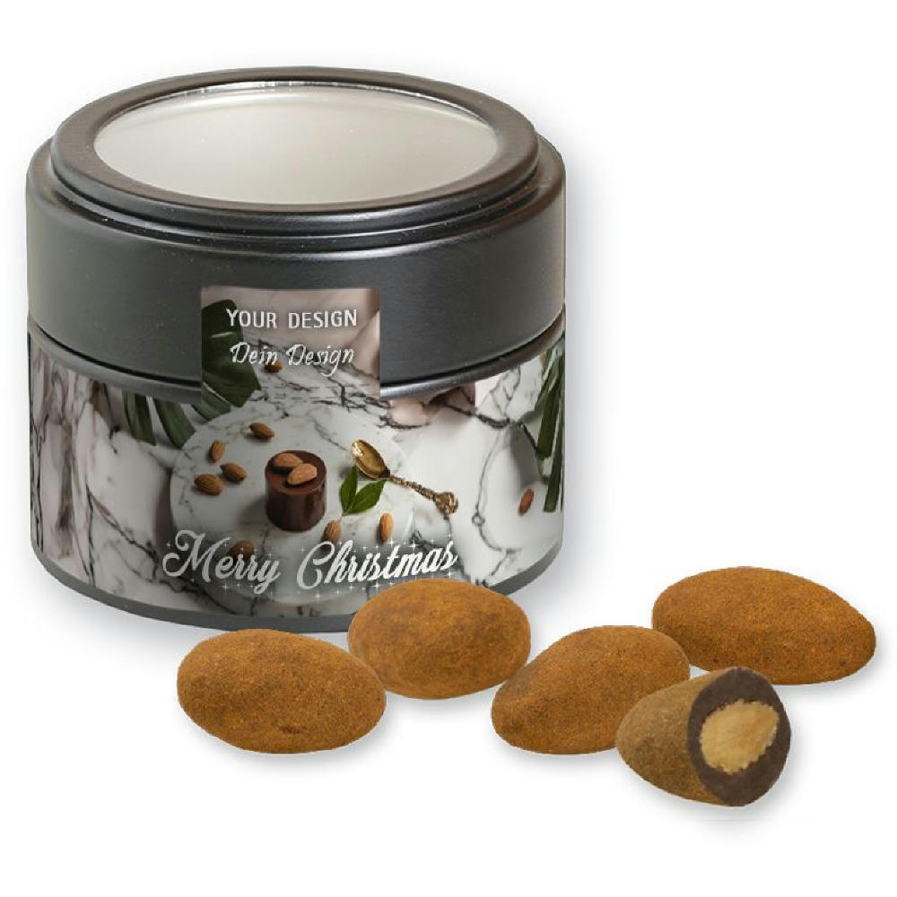 Product image Schokomandeln mit Zimt, ca. 60g, Metalldose Mini mit Sichtfenster schwarz Werbeartikel