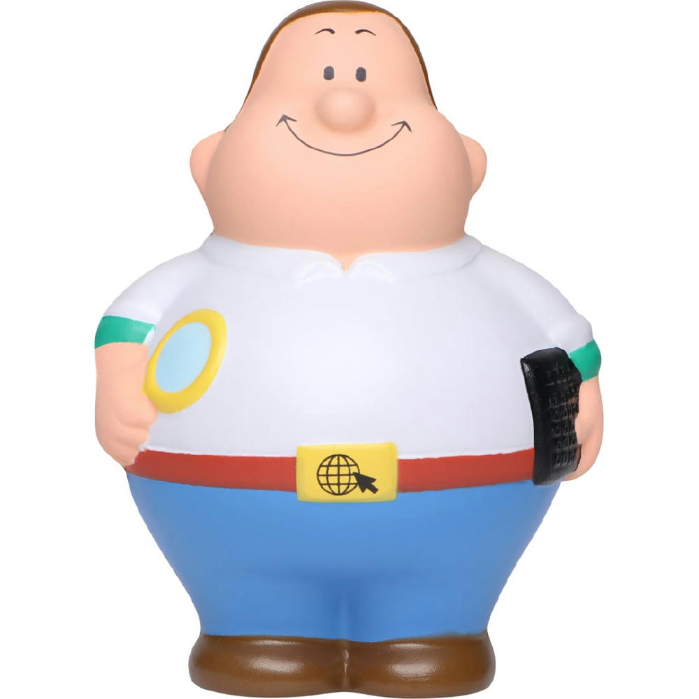 Product image SEO Bert mit Lupe, Smartphone und Web-Symbol am Gürtel – Anti-Stress-Figur zum Bedrucken für Online-Agenturen