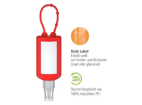 50 ml Bumper rot - Hände-Desinfektionsspray (DIN EN 1500) - Body Label Werbeartikel
