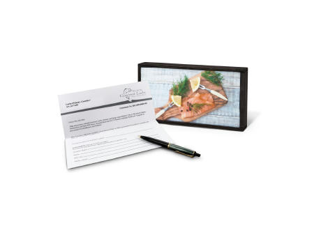 Geschenkartikel / Präsentartikel: Lachs-Gutschein in Holzbox: Genießer Werbeartikel