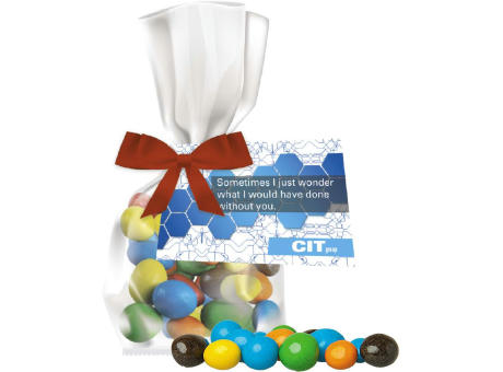 Bunte Schoko Erdnüsse, ca. 30g, Express Flachbeutel mit Schleife mit Werbekarte Werbeartikel