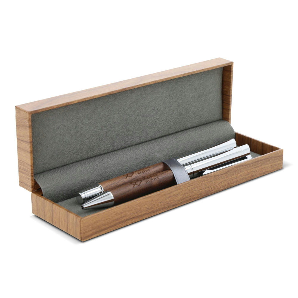 Set Kugelschreiber und Rollerball aus Metall Nussbaumholz in Geschenkbox Werbeartikel
