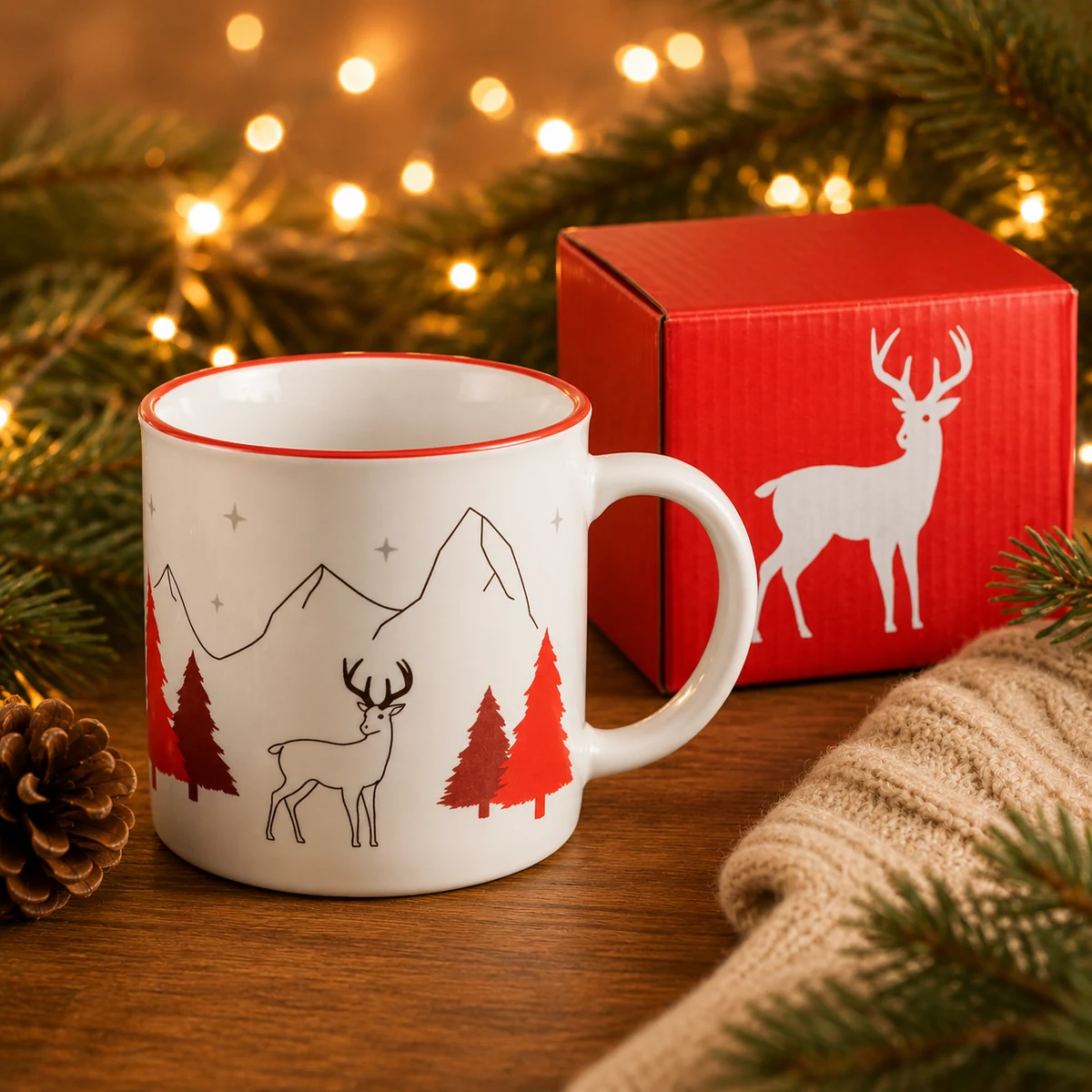 Product image Weiße Keramiktasse mit Hirsch-, Berg- und Tannenmotiv sowie Geschenkbox als Weihnachts-Werbegeschenk