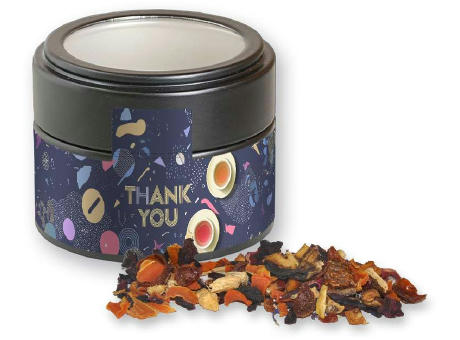 Product image Kaminfeuer Tee, ca. 30g, Metalldose Mini mit Sichtfenster schwarz Werbeartikel