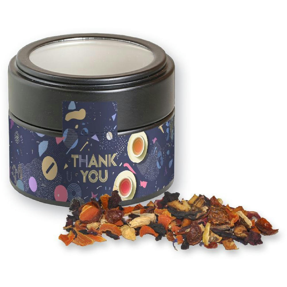 Product image Kaminfeuer Tee, ca. 30g, Metalldose Mini mit Sichtfenster schwarz Werbeartikel