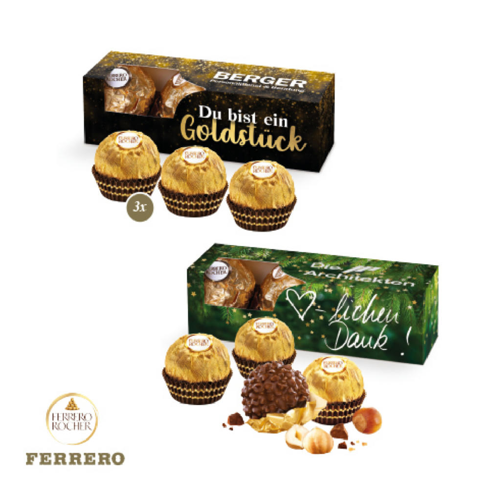 Product image Ferrero Rocher 3er Werbebox Weihnachten mit 3 knusprigen Ferrero Rocher Pralinen in rundum bedruckbarer FSC® Kartonage als glanzvolles B2B Give-away mit Firmenlogo