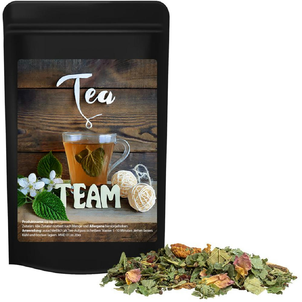 Product image Kräutertee Glücksgefühle, ca. 15g, Standbeutel Mini schwarz Werbeartikel