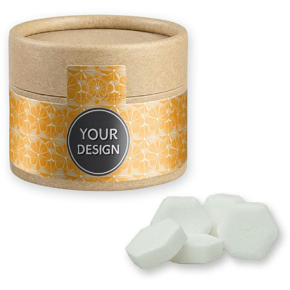 Product image Traubenzucker Orange Drops, ca. 40g, Kraftpapierdose Mini Werbeartikel