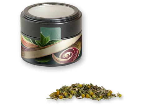 Kräutertee Kräuterfantasie, ca. 15g, Metalldose Mini mit Sichtfenster schwarz Werbeartikel