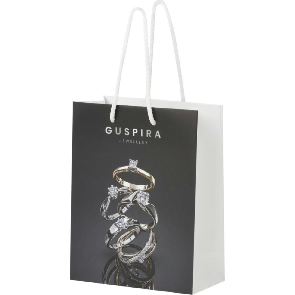 Product image Handgefertigte 170 g/m² Integra-Papiertüte mit Kunststoff Kordelgriffen – 18 × 9 × 23 cm Werbeartikel