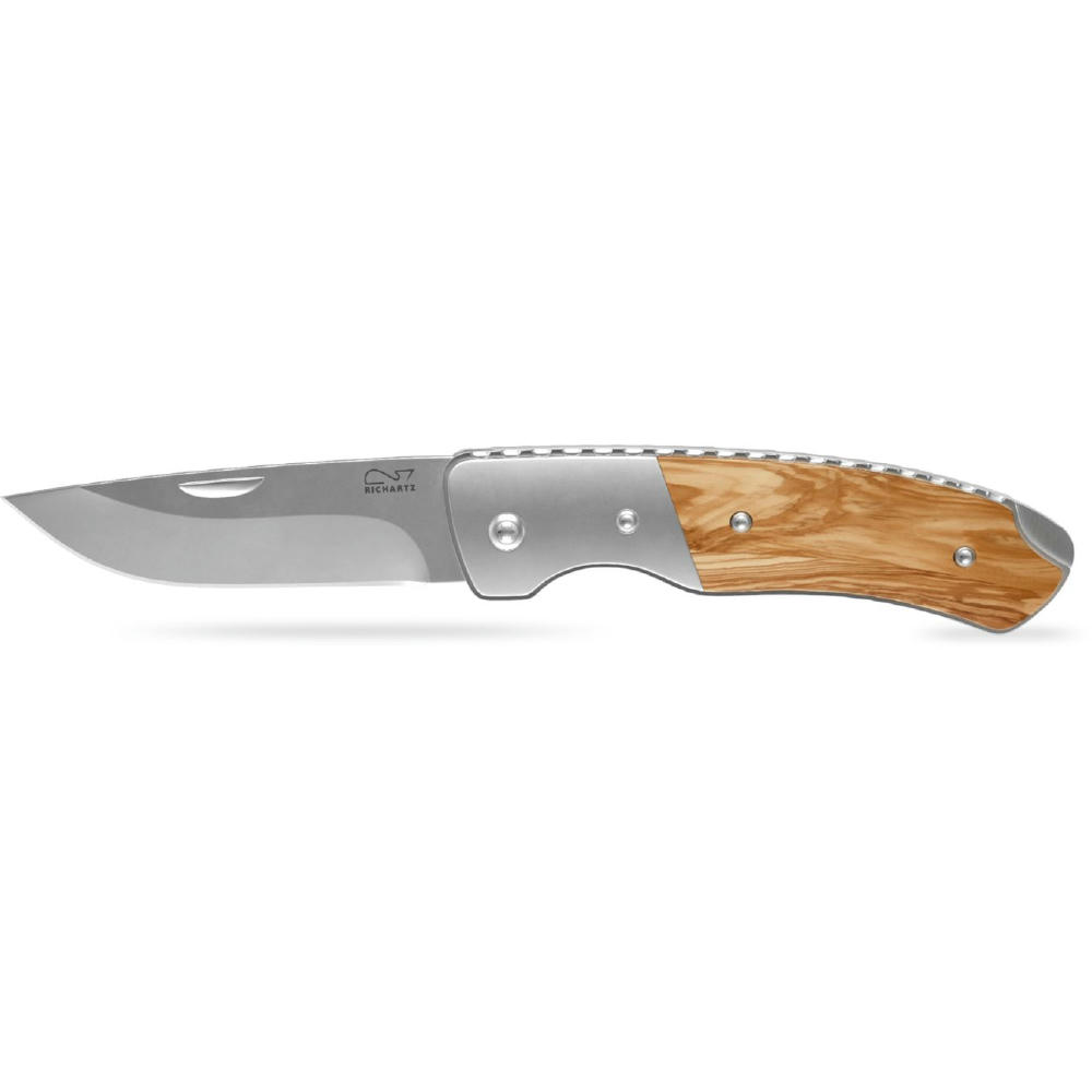 RICHARTZ LEO 200 olive: Taschenmesser mit Olivenholzgriff und ausgeklappter Klinge – Taschenmesser mit Gravur Ihres Logos