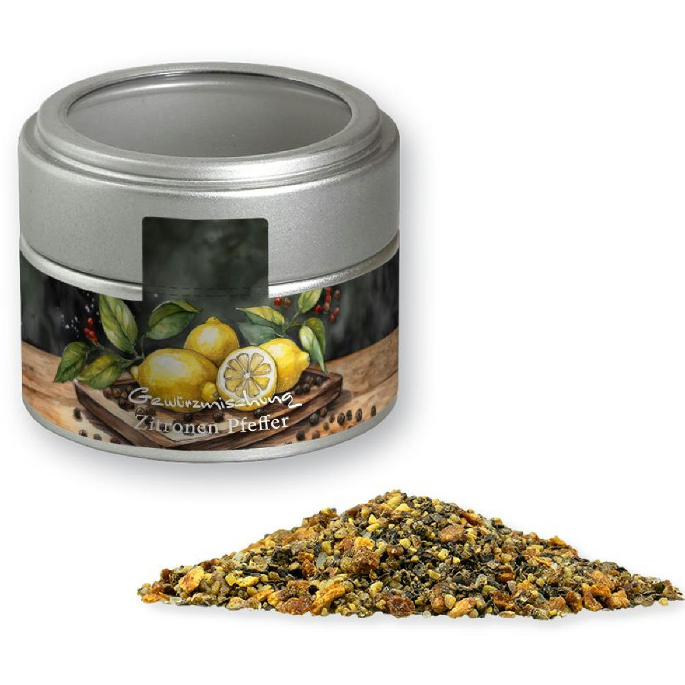 Product image Gewürzmischung Zitronen-Pfeffer, ca. 60g, Metalldose Mini mit Sichtfenster silber Werbeartikel