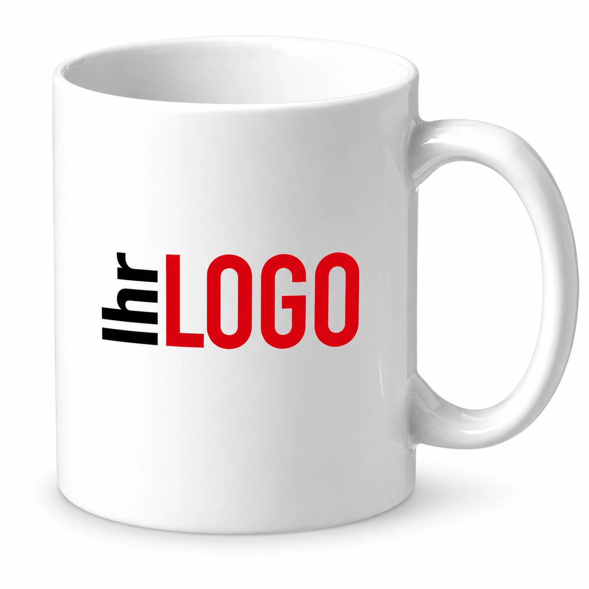 Weiße Bahia 330 ml Keramiktasse mit „Ihr Logo“-Platzhalter als Werbetasse für Kunden und Mitarbeiter.